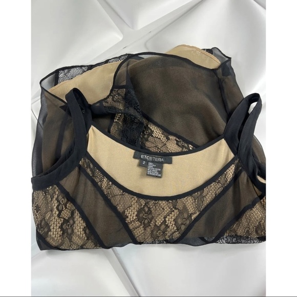 Etcetera Sz 2 Black 100% Silk Lace Chiffon Overlay Tank Top Cami Blouse - Picture 4 of 4